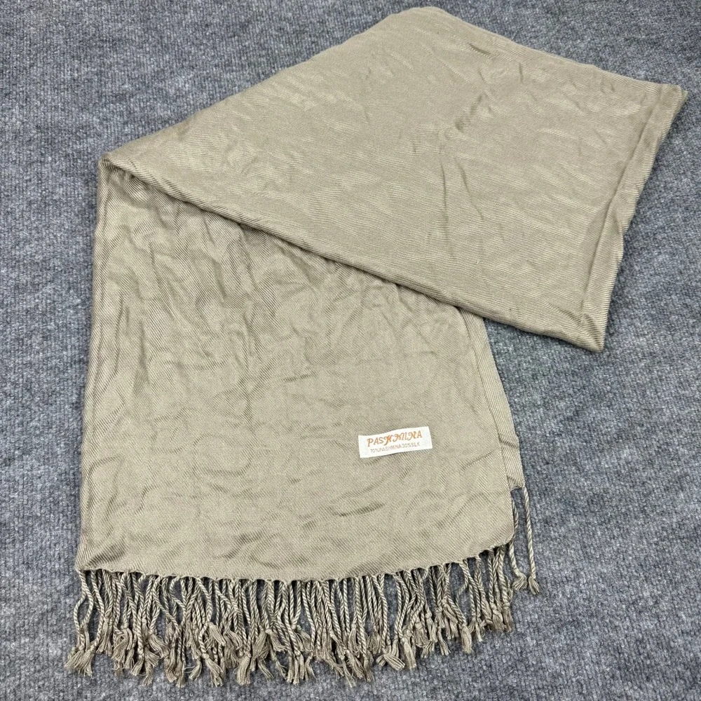 Pashmina Silk Scarf Taupe‎ Olive Fringe Trim Lightweight Wrap Shawl Large Scarf
